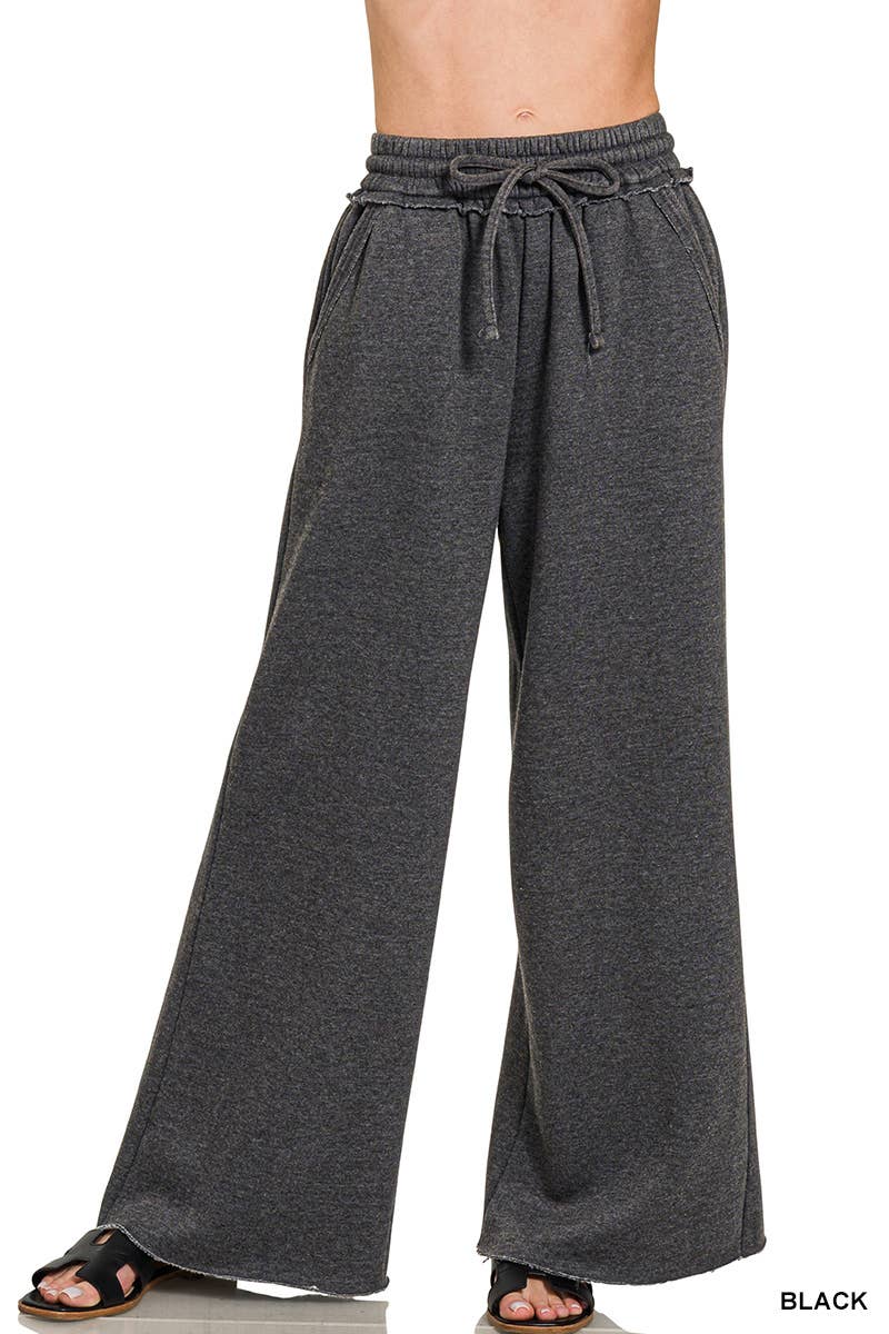 Acid Wash Fleece Palazzo Sweatpants With Pockets: BLACK / 2-2-2 (S-M-L)