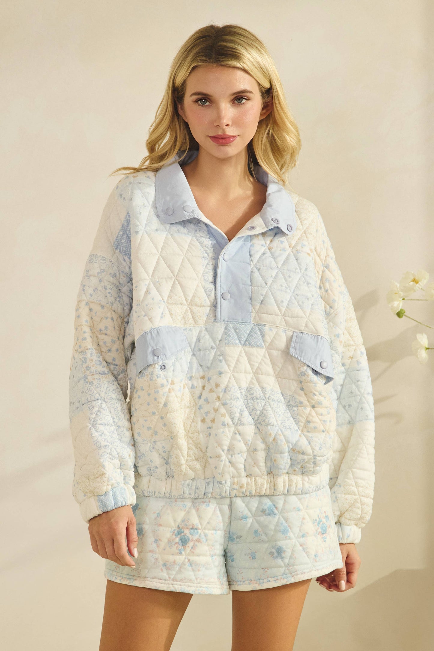 Textured Contrast printed Quarterzip Sweater: Pink Combo / L