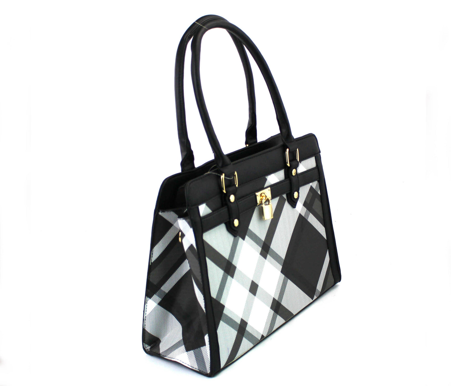 7867A - 2 in 1 PU Plaid Satchel with Wristlet: Black