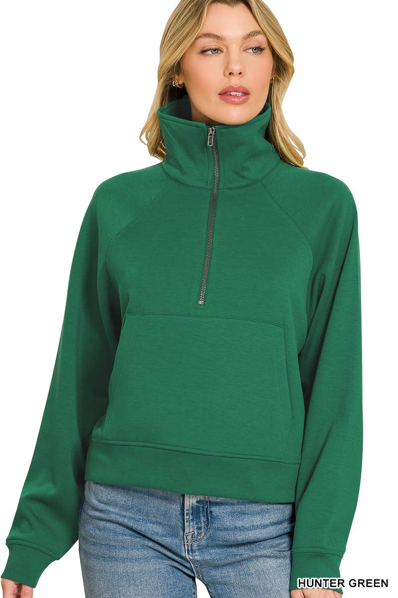 Scuba Half Zip Pullover With Kangaroo Pocket Zenana: CHOCOLATE-202375 / L