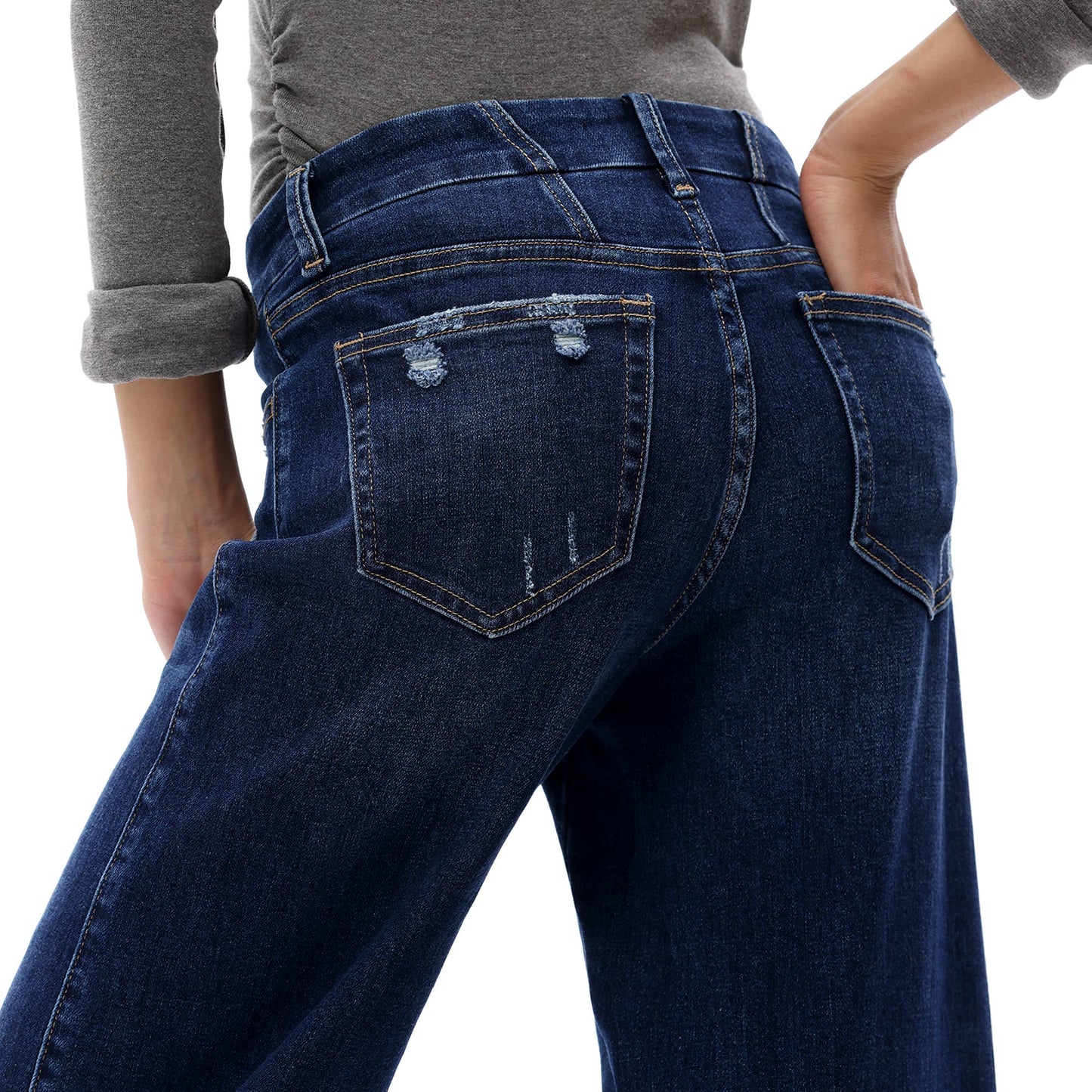 Mid Rise Wide Leg Jeans Raw Hem Vintage Distressed OSW8019: VINTAGE BLUE / 29