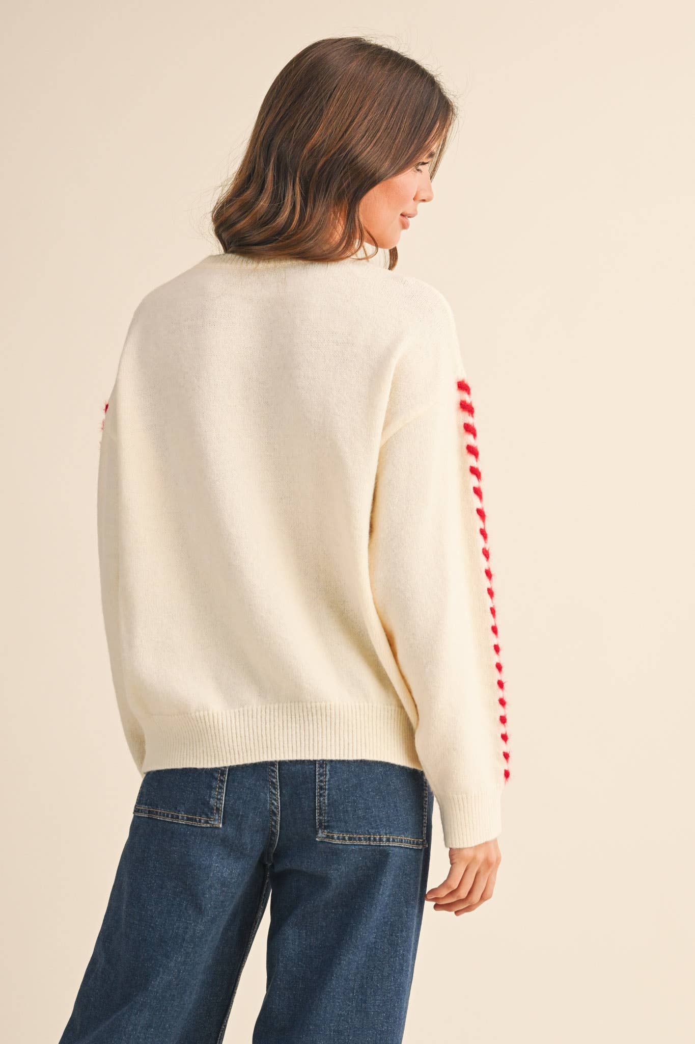 FUZZY HEART KNIT SWEATER WITH WHIP STITCH MSW10990: Red / M