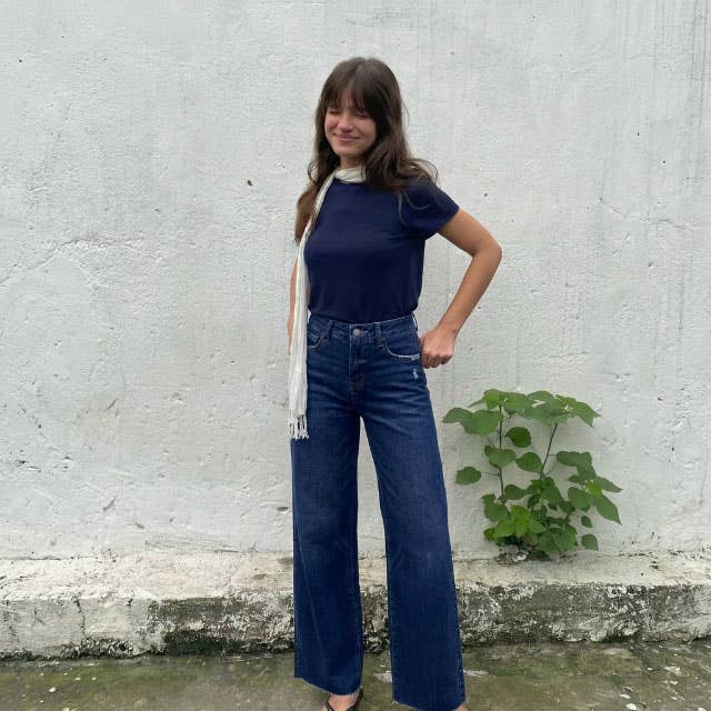 Mid Rise Wide Leg Jeans Raw Hem Vintage Distressed OSW8019: VINTAGE BLUE / 26