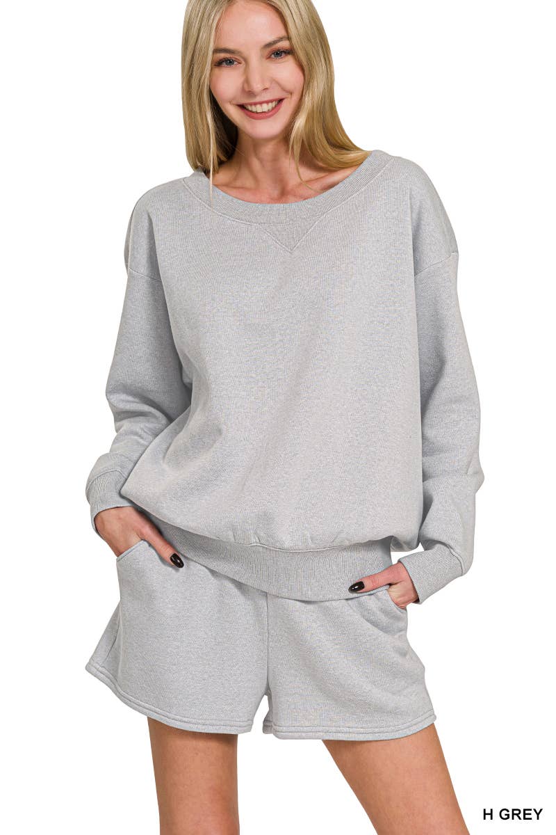Fleece Sweatshirts & Drawstring Shorts 2pc Set Zenana: ASH MOCHA-186261 / M
