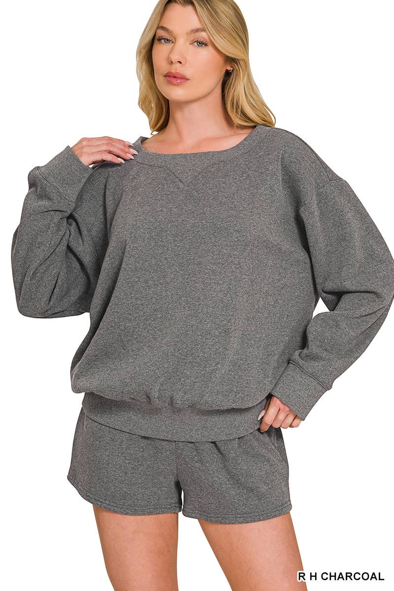 Fleece Sweatshirts & Drawstring Shorts 2pc Set Zenana: ASH MOCHA-186261 / M