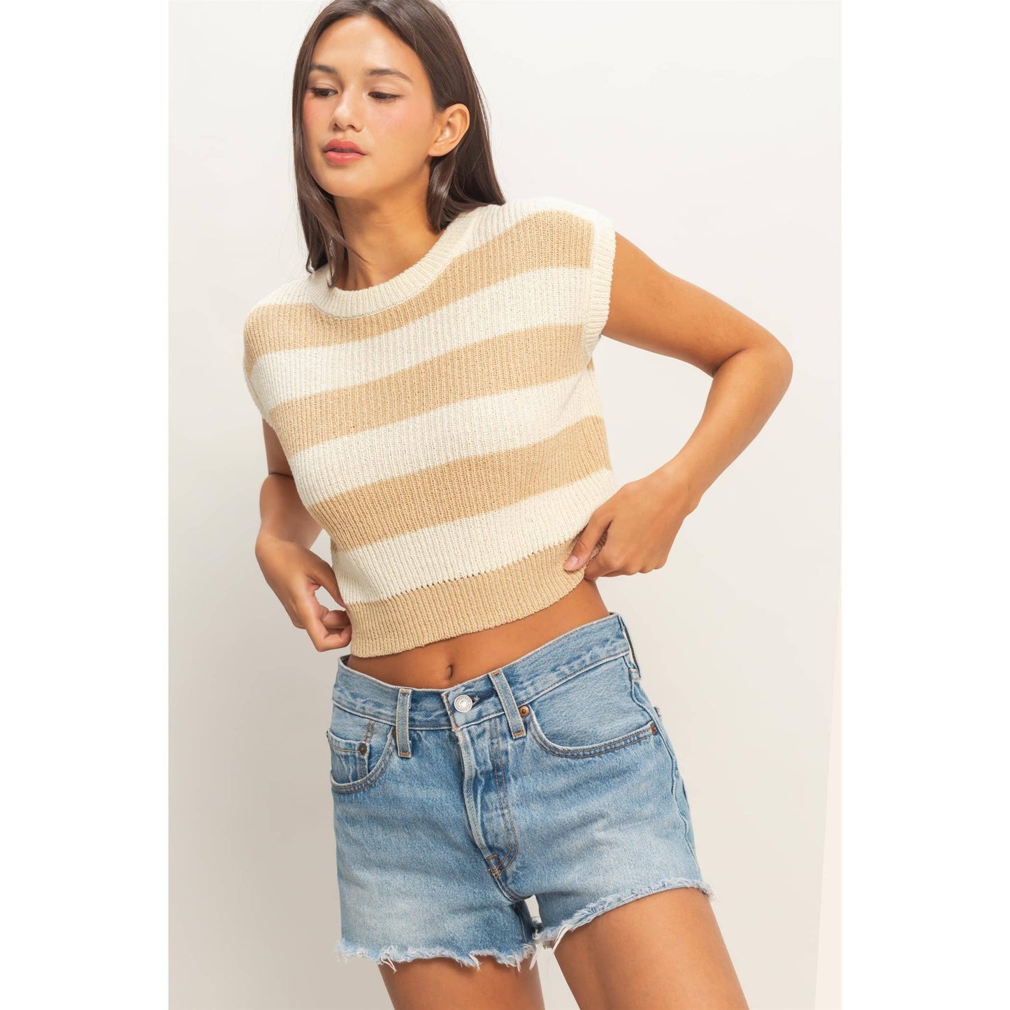 Striped Ribbed Knit Top: TAUPE / S-M-L(2-2-2)