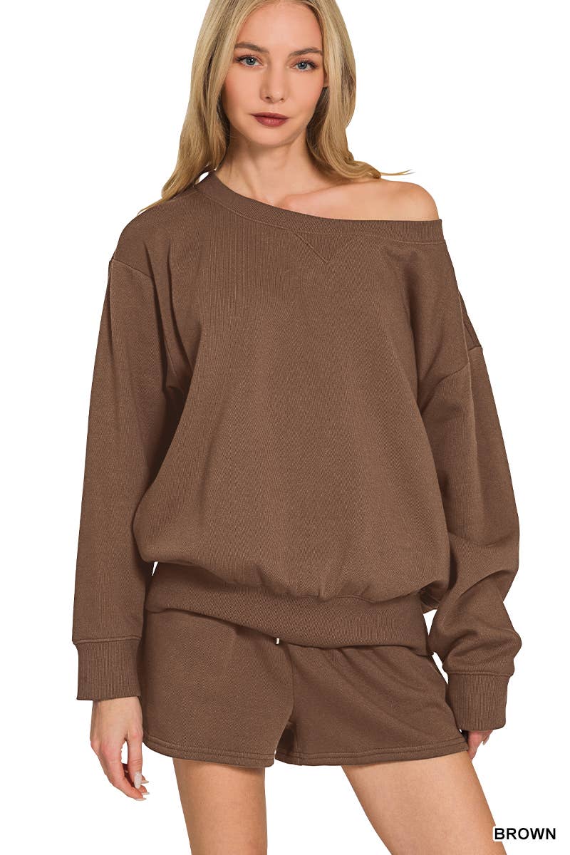 Fleece Sweatshirts & Drawstring Shorts 2pc Set Zenana: ASH MOCHA-186261 / M