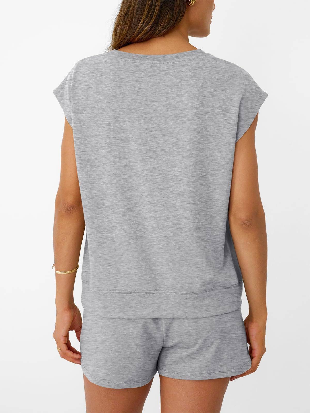 Casual Lounge Set Cap Sleeve Top Drawstring Shorts: Black / 65%Polyester+30%Viscose+5%Elastane / S
