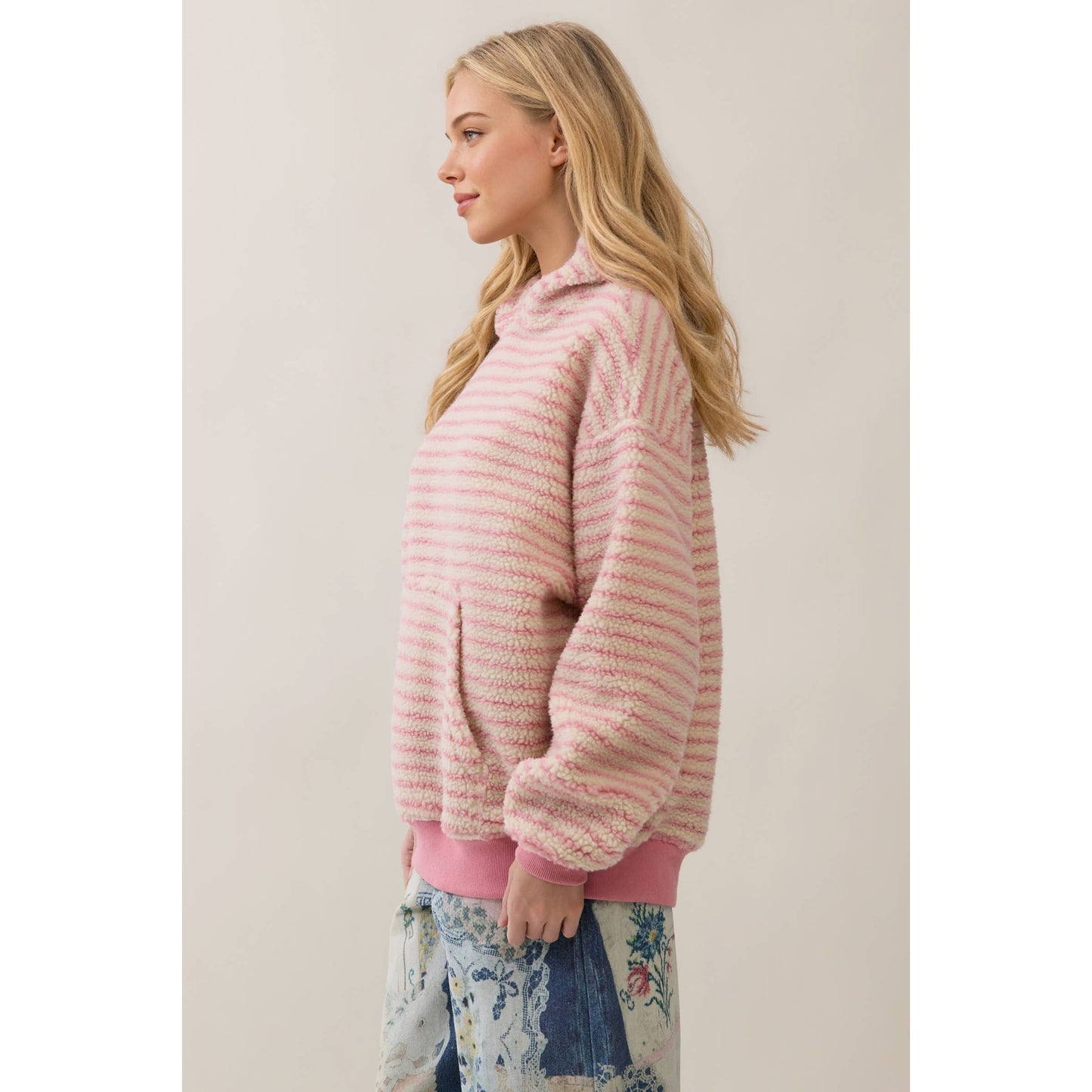 Teddy Striped Contrast Cozy Hoodie: Brown / M