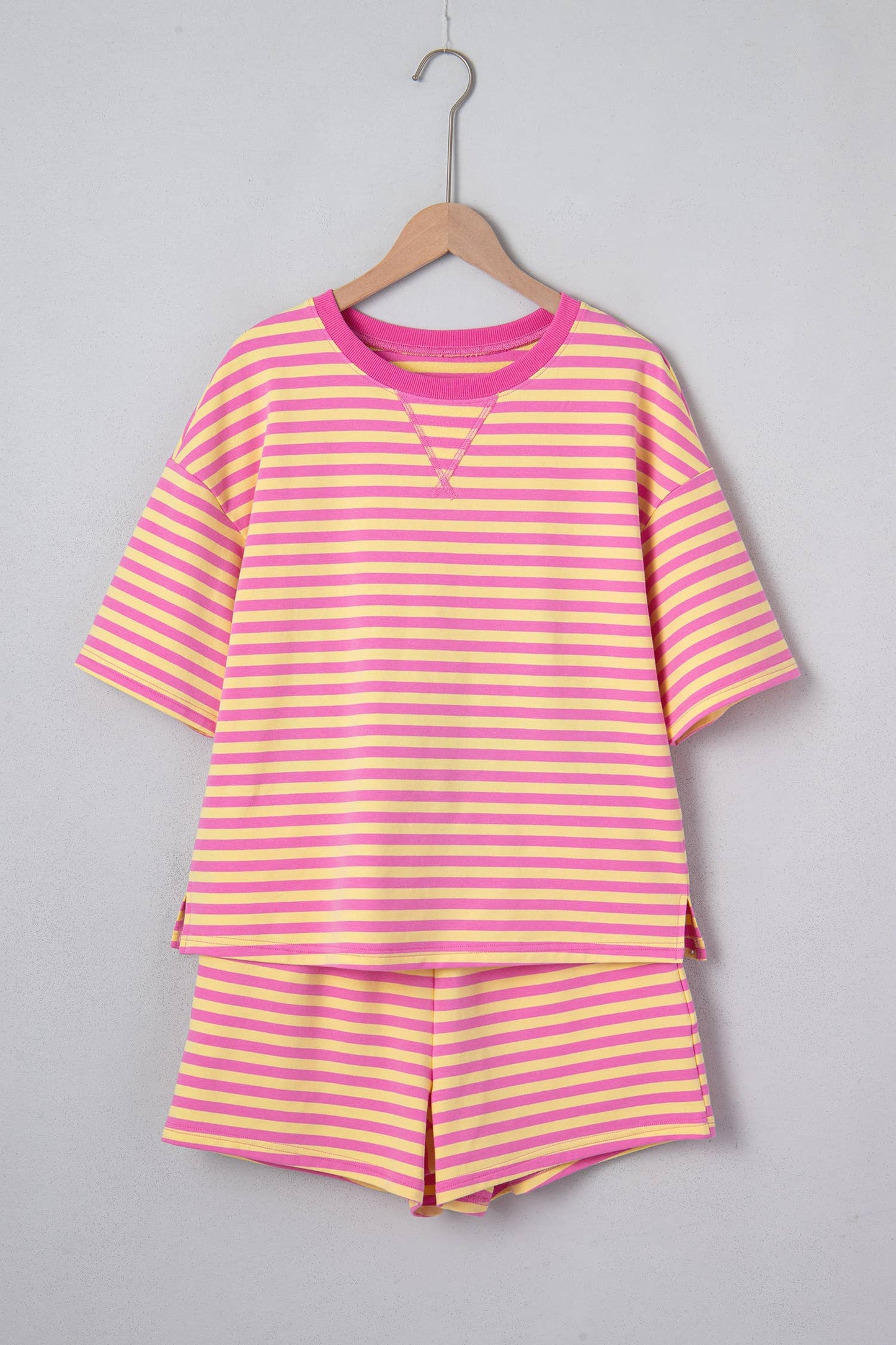 LAS Stripe Contrast Trim Boxy Terry Short Set (S-XL): Rose Stripe / Missy / S