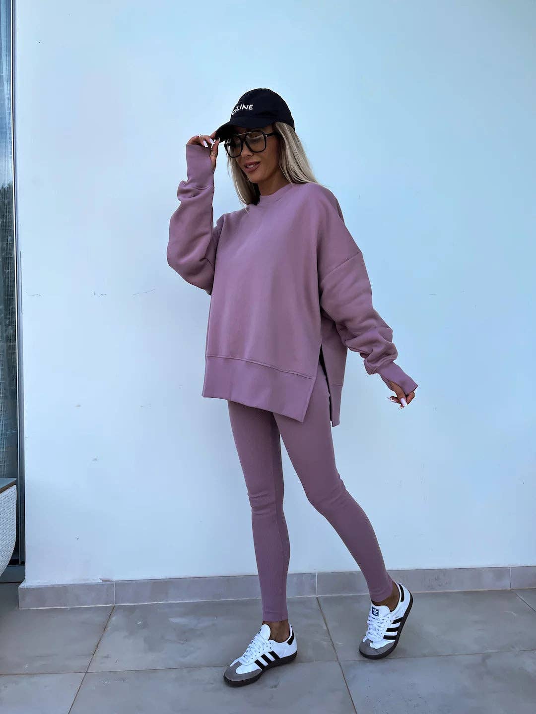 Oversized Sweatshirt and Leggings Two Piece Set: Blue / 100%Polyester / L