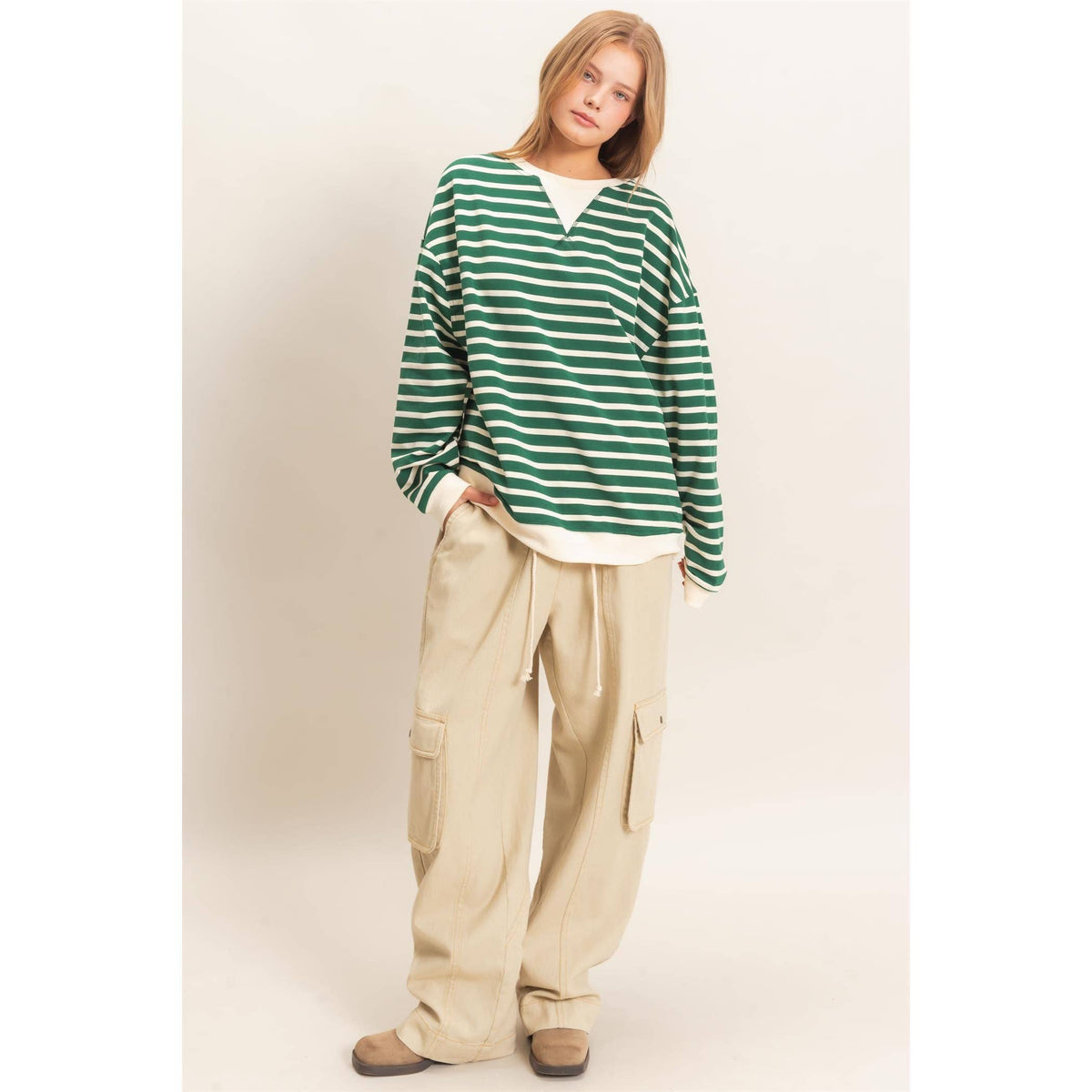 Striped Long Sleeve Pullover: GRAY/ECRU / S-M-L(2-2-2)
