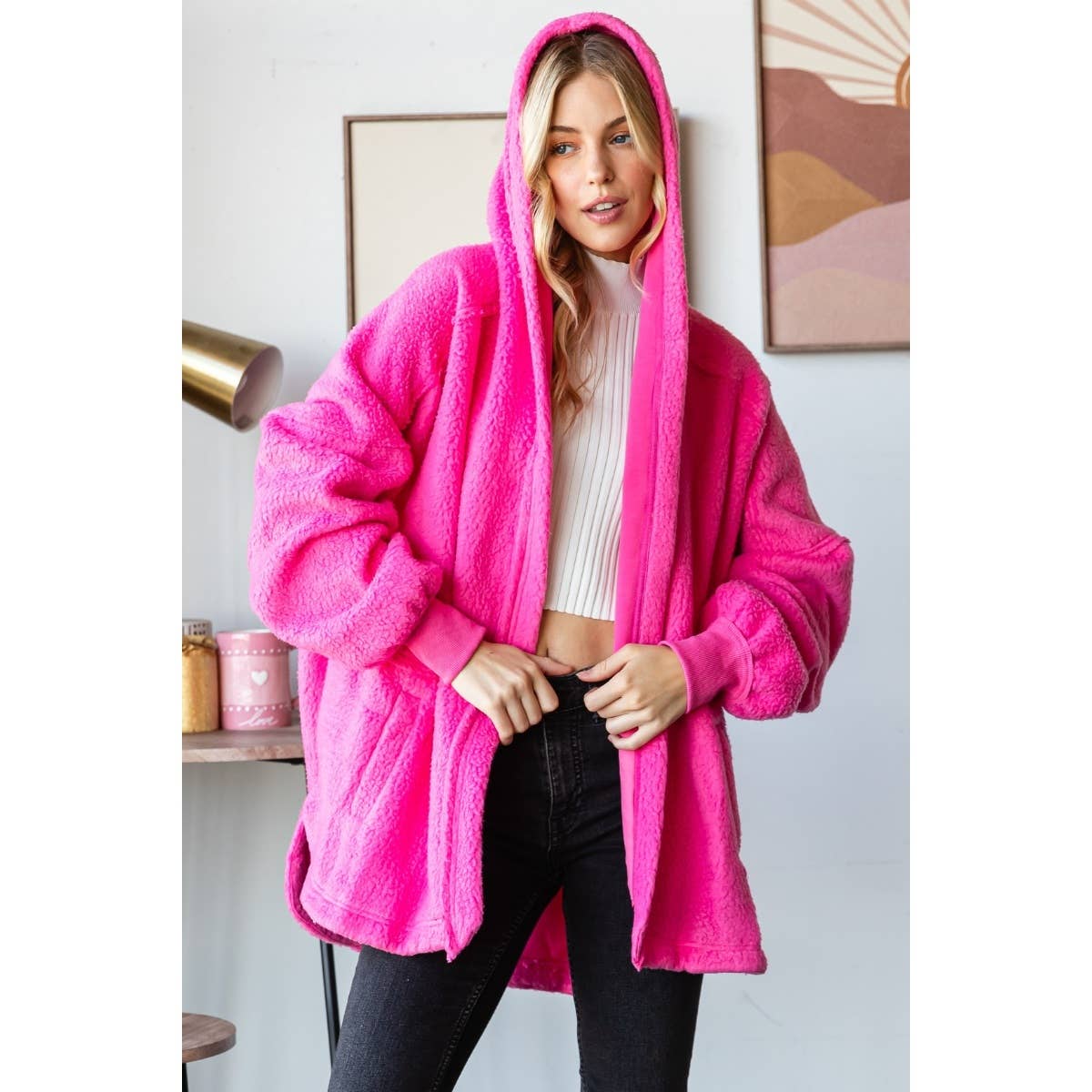 Lightweight Fleece Hooded Jacket: Hot pink / S