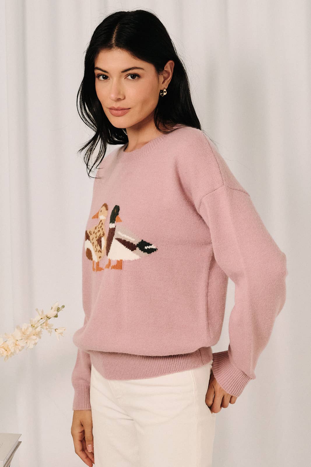 Round Neck Mallard Duck Graphic Long Sleeve Knit Sweater: LAVENDER / L