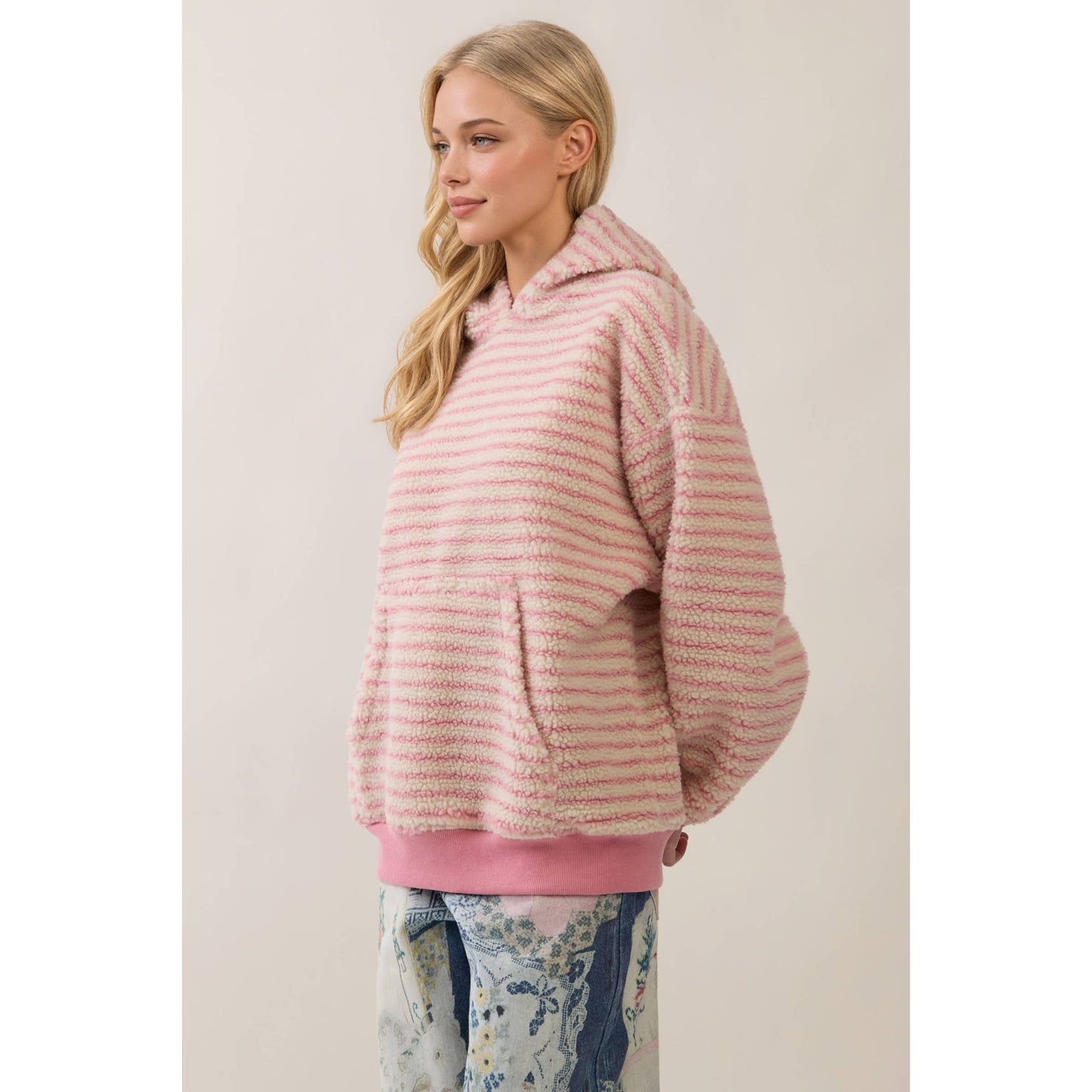 Teddy Striped Contrast Cozy Hoodie: Brown / L
