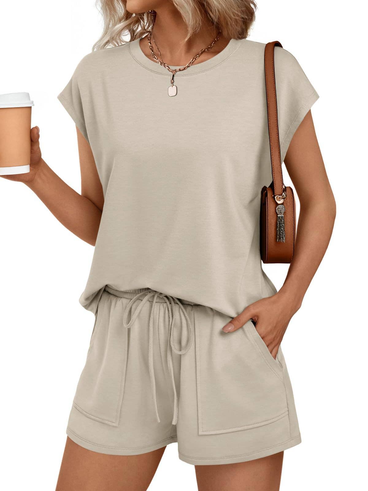 Casual Lounge Set Cap Sleeve Top Drawstring Shorts: Black / 65%Polyester+30%Viscose+5%Elastane / S