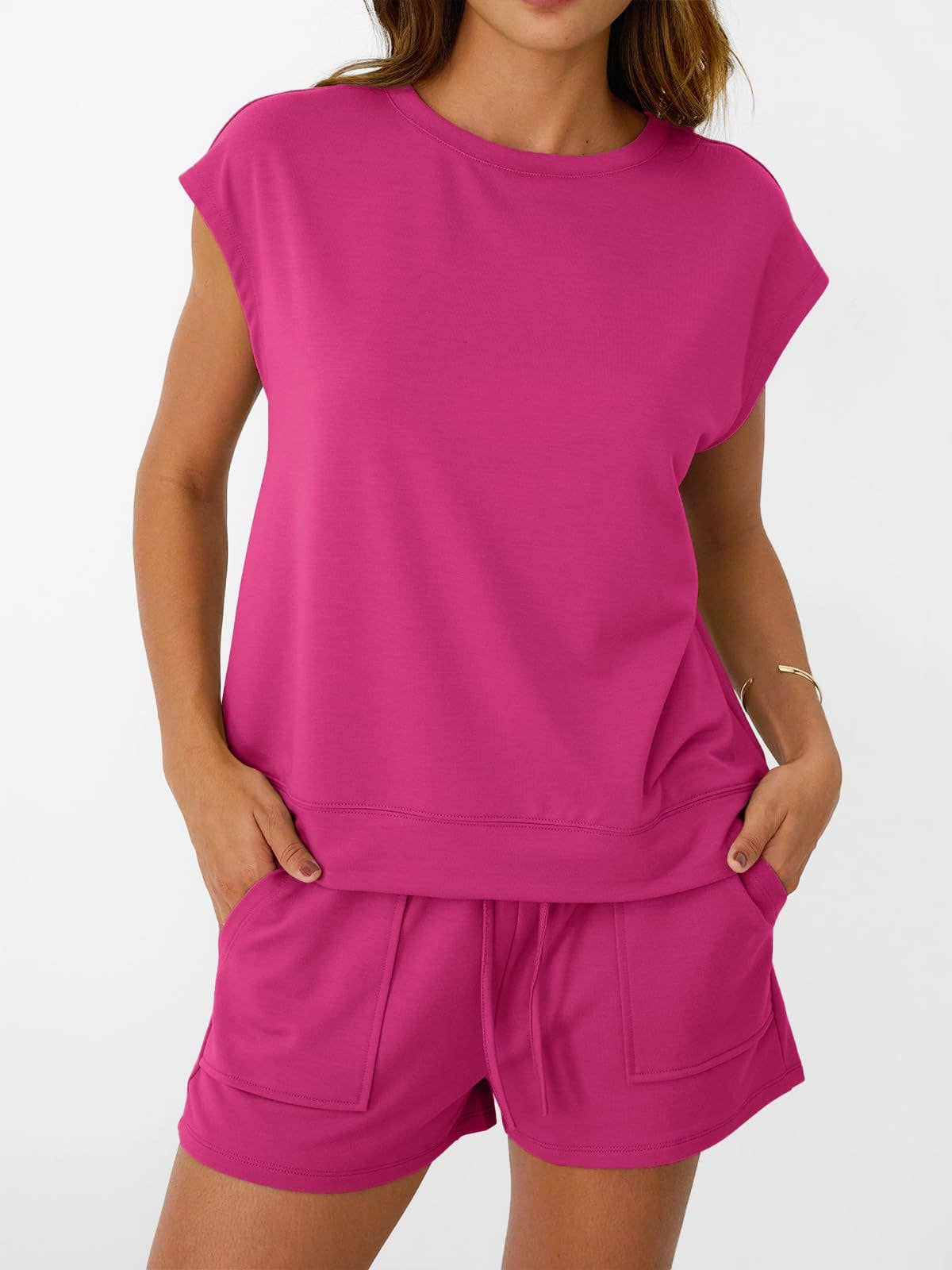 Casual Lounge Set Cap Sleeve Top Drawstring Shorts: Black / 65%Polyester+30%Viscose+5%Elastane / XL
