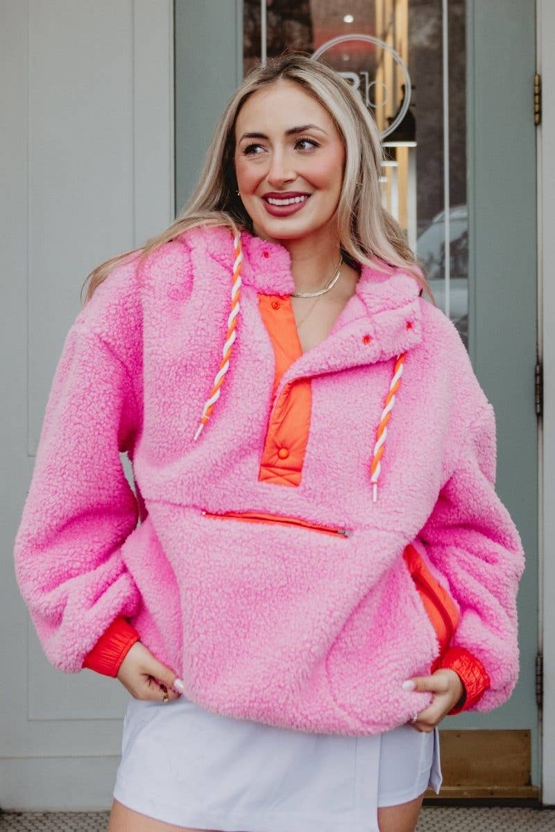 Pink Two-Toned Sherpa Pullover Hoodies: Pink / M