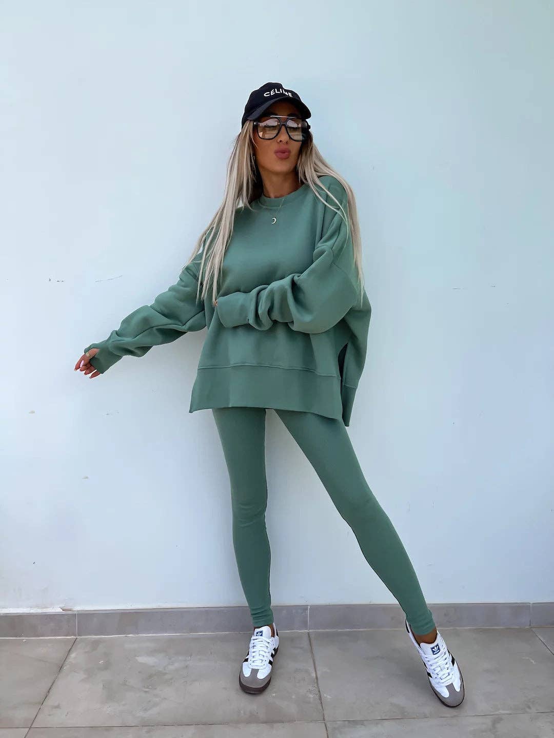 Oversized Sweatshirt and Leggings Two Piece Set: Blue / 100%Polyester / S