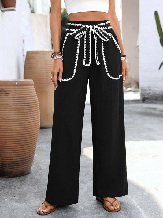 High Waist Wide Leg Drawstring Casual Pants: Black / 97%Polyester+3% Elastane / M