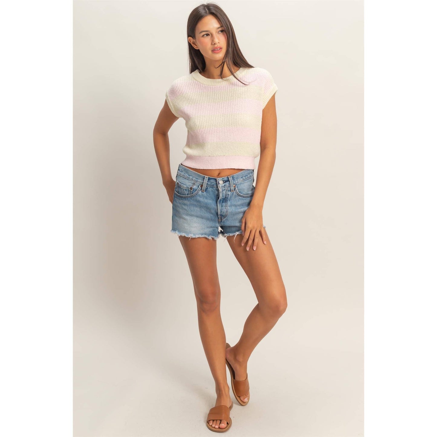 Striped Ribbed Knit Top: TAUPE / S-M-L(2-2-2)