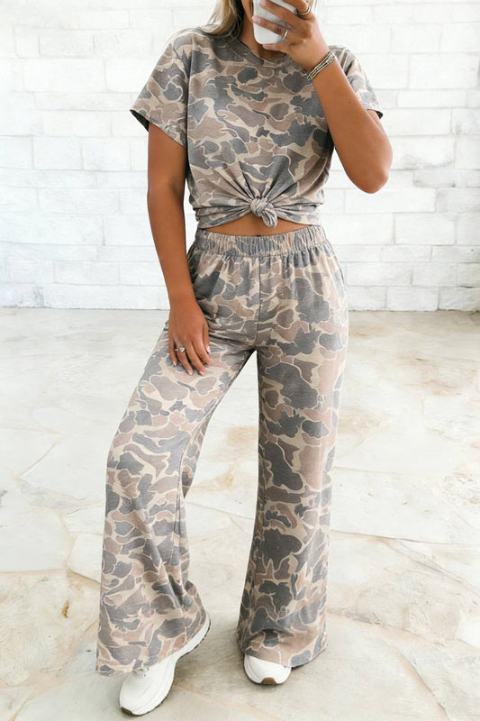 Camo Print Tee and Wide Leg Pants Two Piece Set: Multicolour / 95%Polyester+5%Elastane / XL