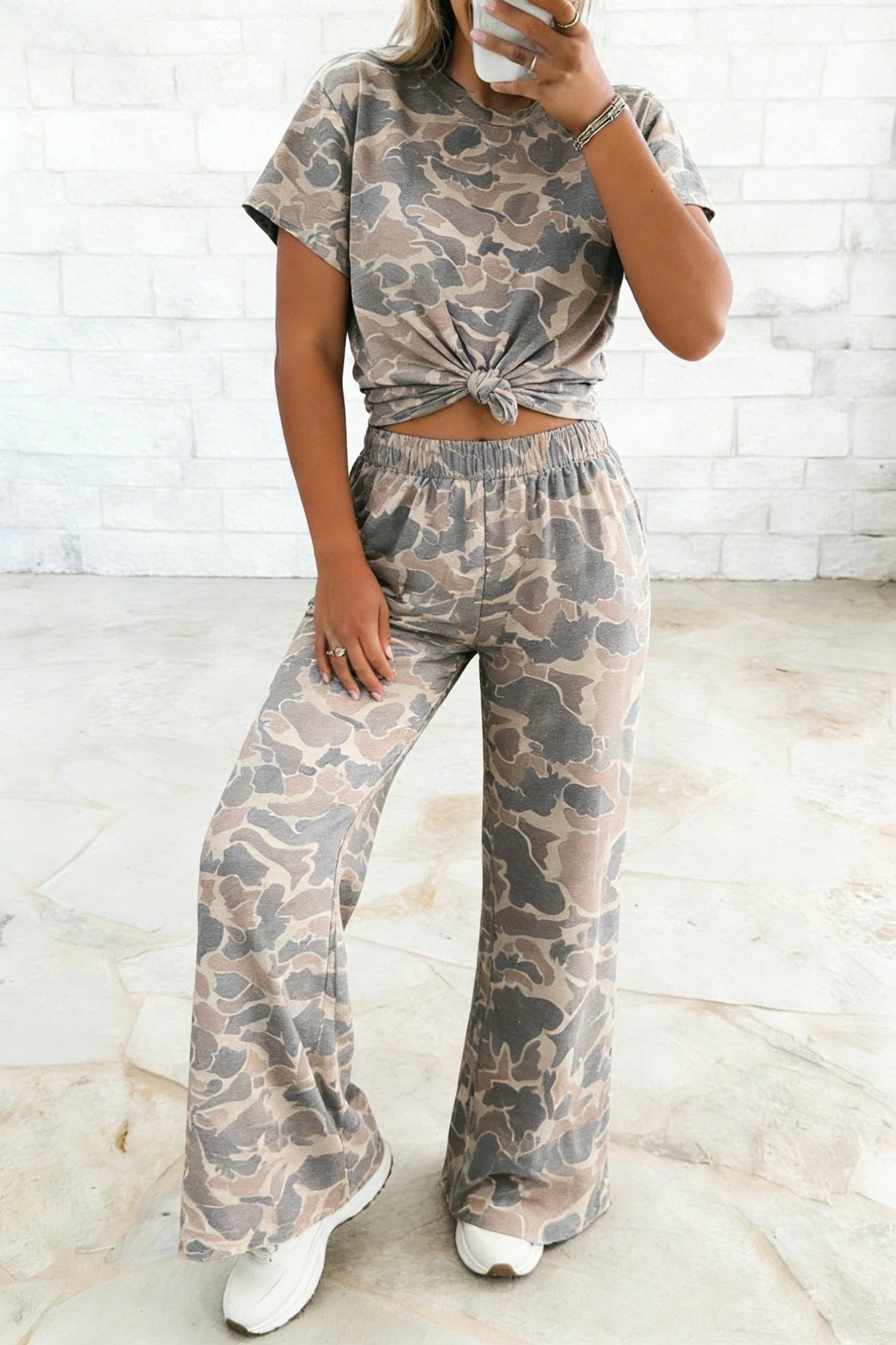 Camo Print Tee and Wide Leg Pants Two Piece Set: Multicolour / 95%Polyester+5%Elastane / L