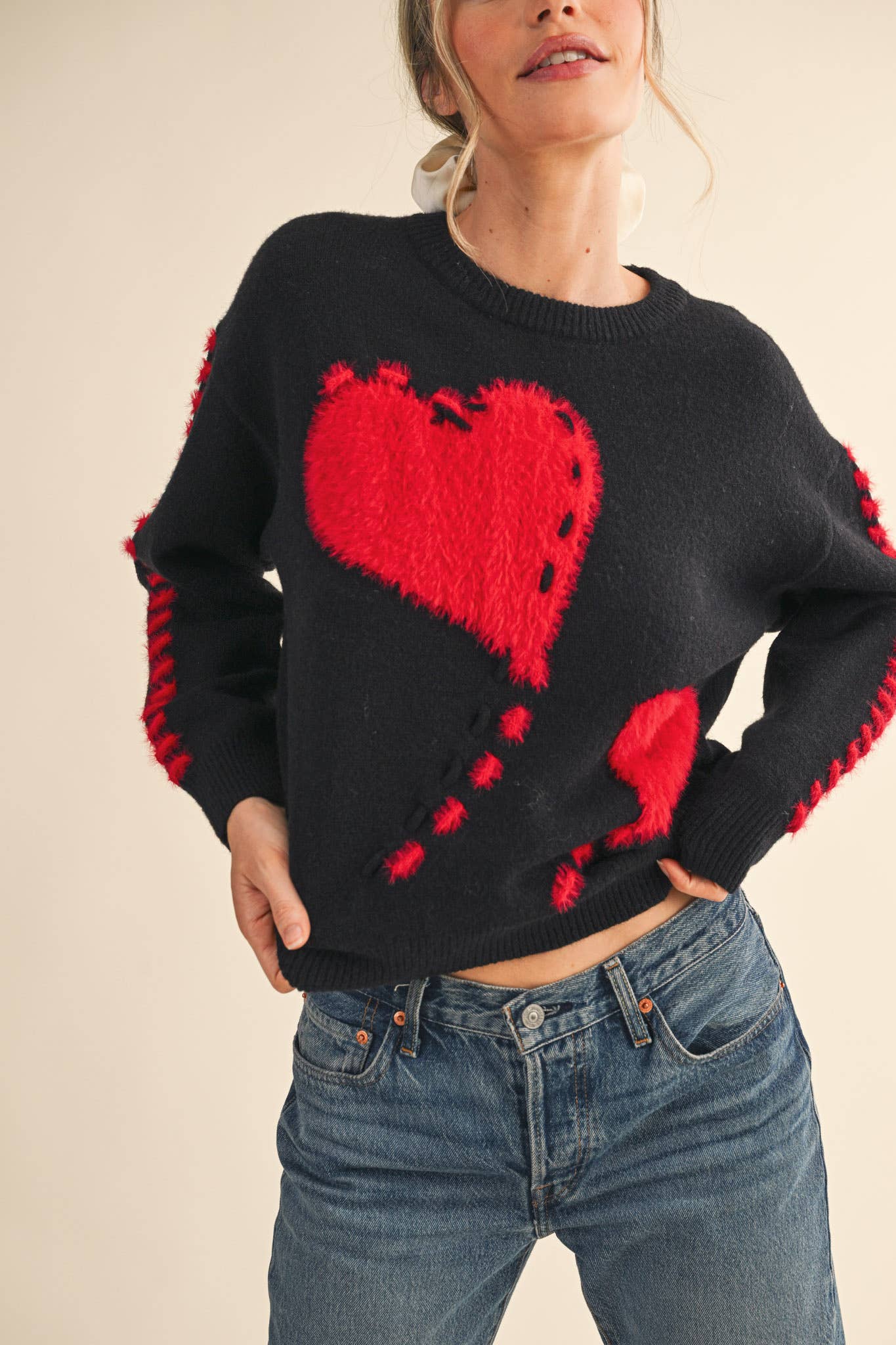 FUZZY HEART KNIT SWEATER WITH WHIP STITCH MSW10990: Red / L
