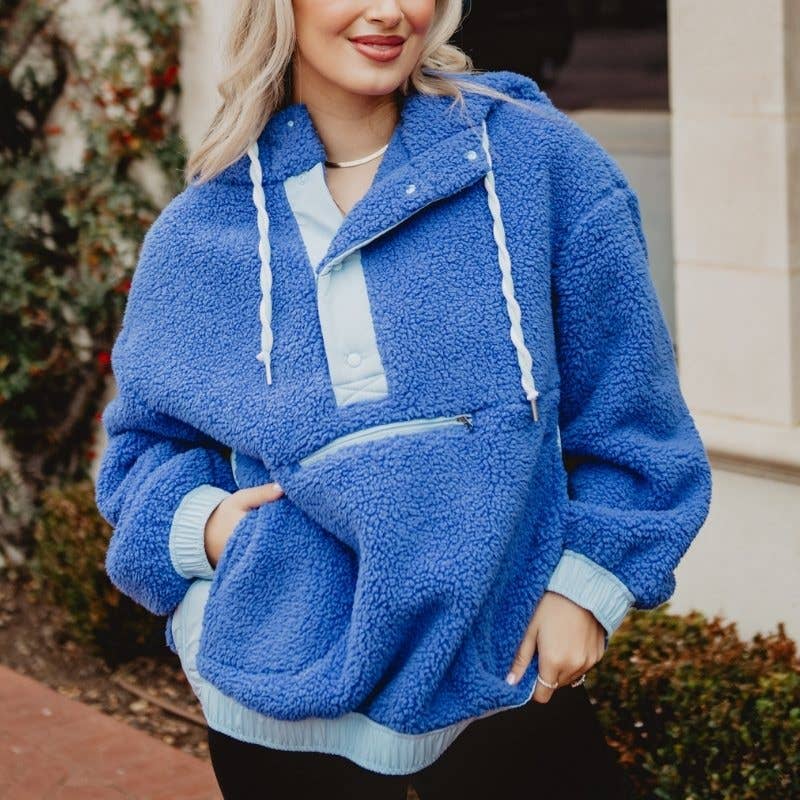 Blue Two-Toned Sherpa Fleece Wholesale Pullover: Blue / L