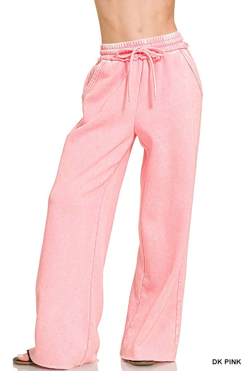 Acid Wash Fleece Palazzo Sweatpants With Pockets: BLACK / 2-2-2 (S-M-L)