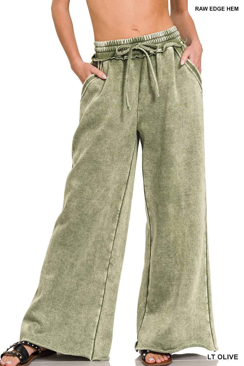 Acid Wash Fleece Palazzo Sweatpants With Pockets: BLACK / 2-2-2 (S-M-L)