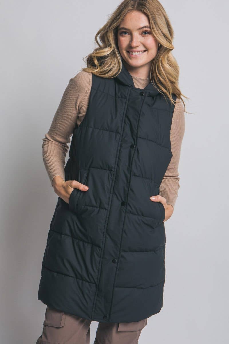 Hooded Long Quilted Puffer Vest: CAMEL / 2-2-2(S-M-L)