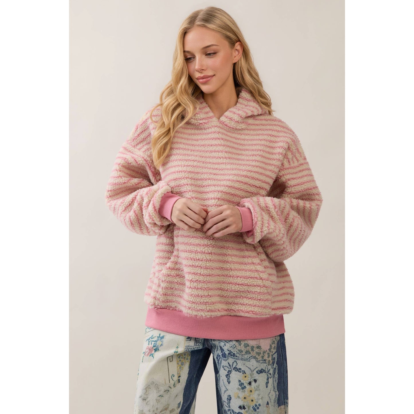 Teddy Striped Contrast Cozy Hoodie: Brown / M