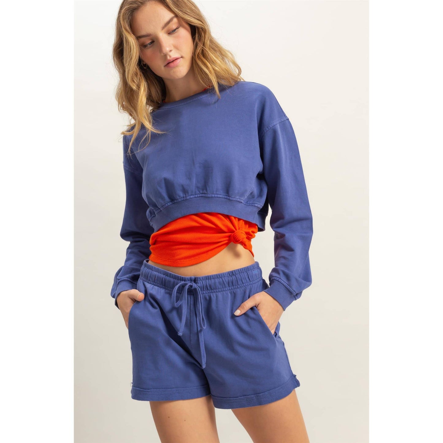 Crew Neck Long Sleeve Crop Sweatshirt: TURQUOISE / S-M-L(2-2-2)