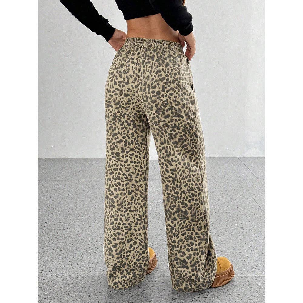 Leopard Print Wide Leg Pants High Waist Pocket Casual: Light Leopard / 100% polyester / S