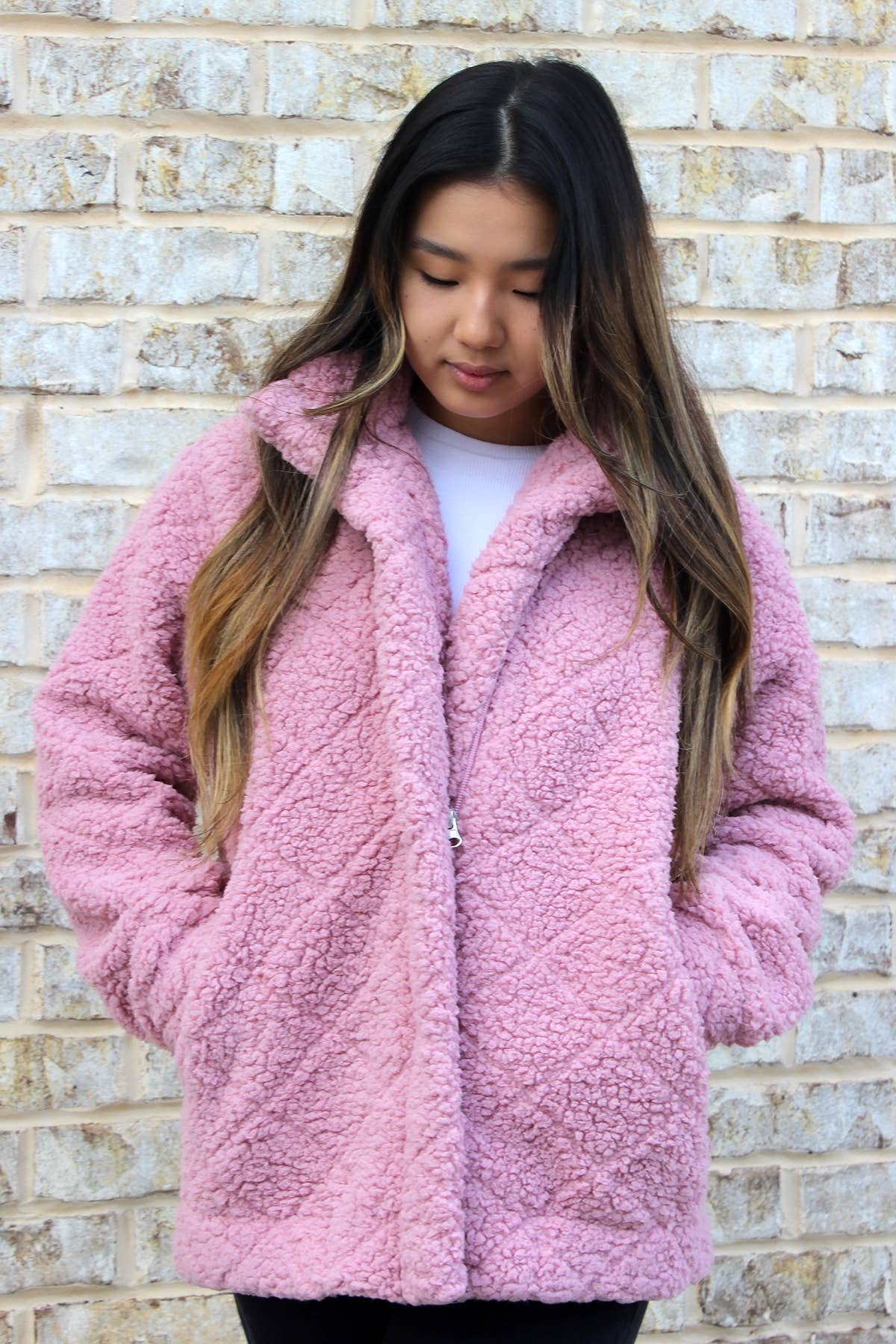 JKT2387 Candie Diamond Sherpa Jacket w/ Full Zip: Brown / L/XL