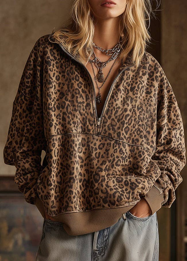 Leopard Print Half Zip Oversized Pullover Sweatshirt: Coffee / 95%Polyester+5%Elastane / M
