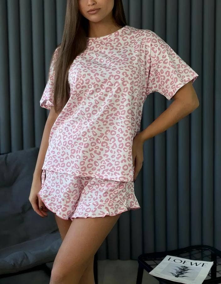 Leopard Print Pajama Set Ruffle Trim Shorts Loungewear: Gray Leopard Print / 95%Polyester+5%Elastane / XL