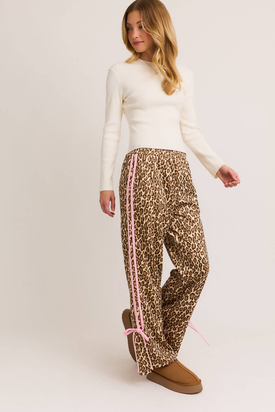 BOW DETAIL TRACK PANTS: TAUPE ANIMAL / S