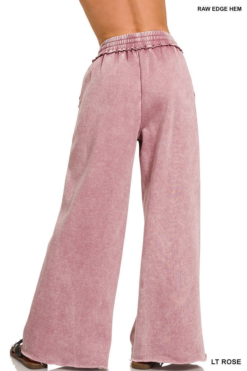 Acid Wash Fleece Palazzo Sweatpants With Pockets: BLACK / 2-2-2 (S-M-L)