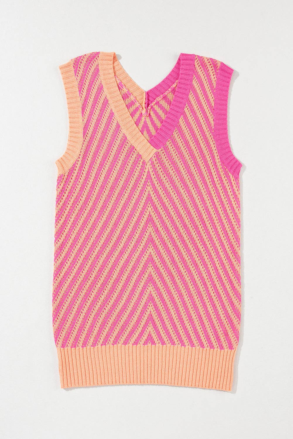 Strawberry Pink Contrast Chevron Knit V Neck Sweater Vest: Strawberry Pink / 100%Viscose / L