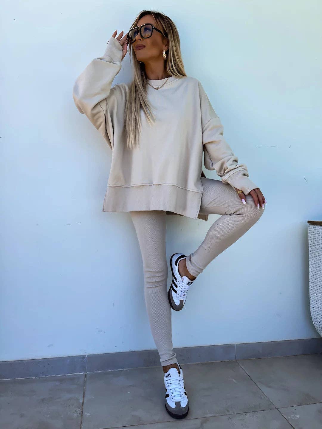 Oversized Sweatshirt and Leggings Two Piece Set: Blue / 100%Polyester / L