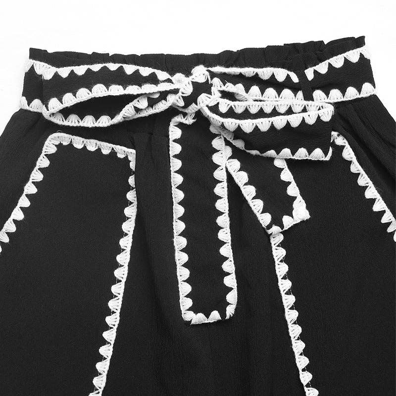 High Waist Wide Leg Drawstring Casual Pants: Black / 97%Polyester+3% Elastane / XL
