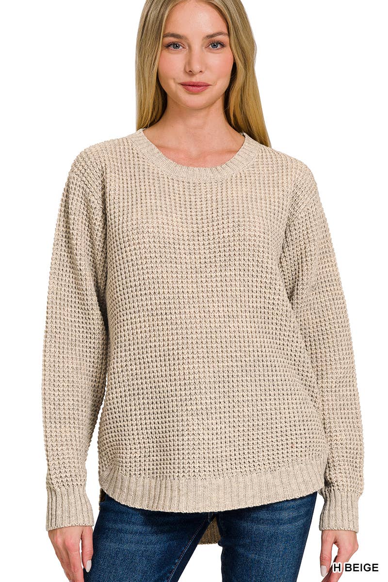 Hi-low Long Sleeve Round Neck Waffle Sweater: TURQUOISE / 1-1-1-1 (S-M-L-XL)