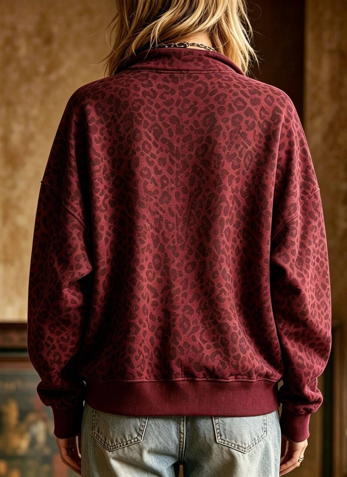 Leopard Print Half Zip Oversized Pullover Sweatshirt: Coffee / 95%Polyester+5%Elastane / L
