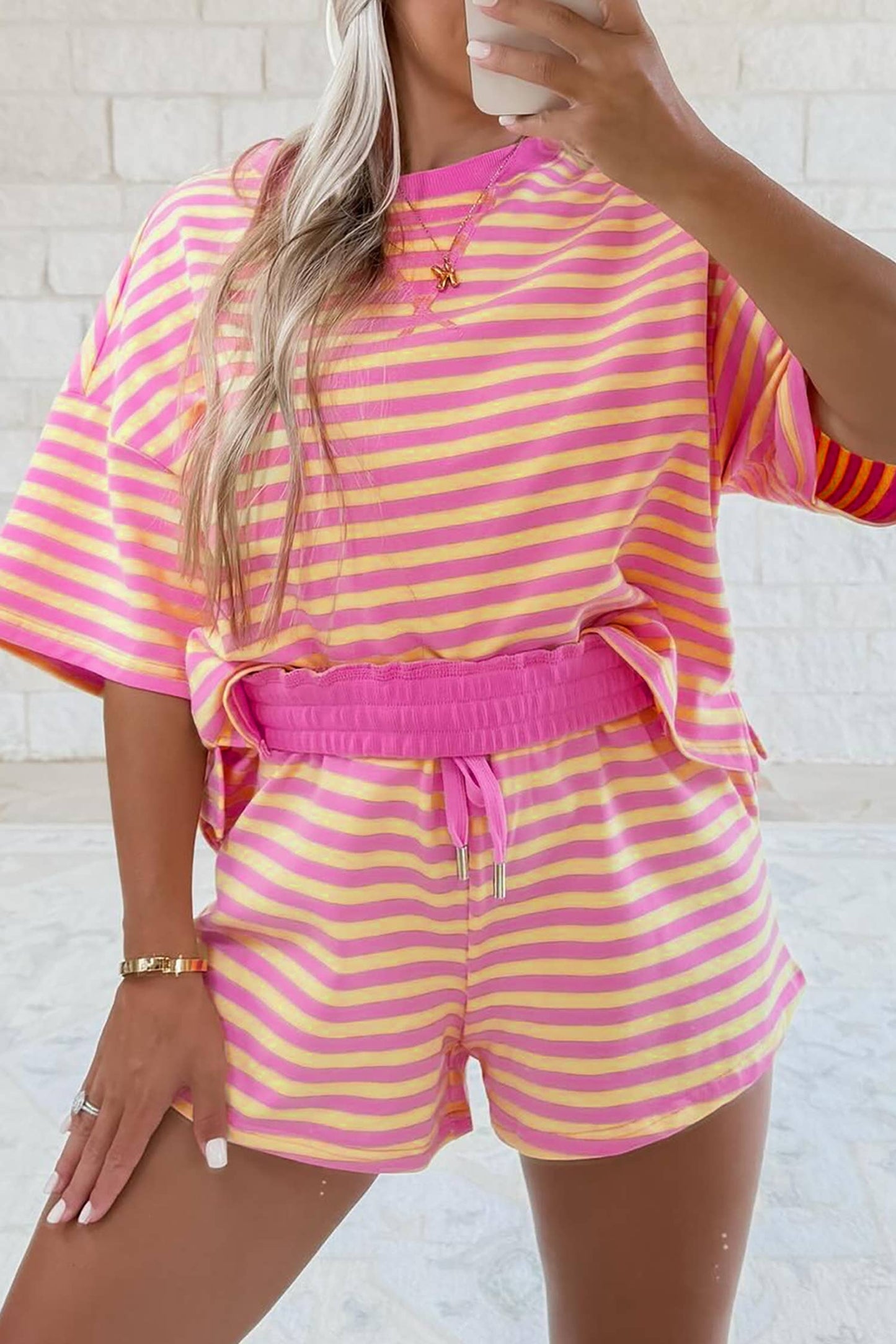 LAS Stripe Contrast Trim Boxy Terry Short Set (S-XL): Rose Stripe / Missy / L