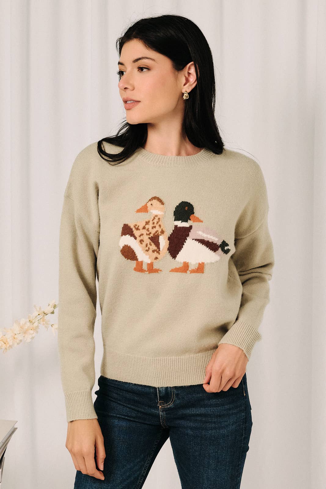 Round Neck Mallard Duck Graphic Long Sleeve Knit Sweater: LAVENDER / M