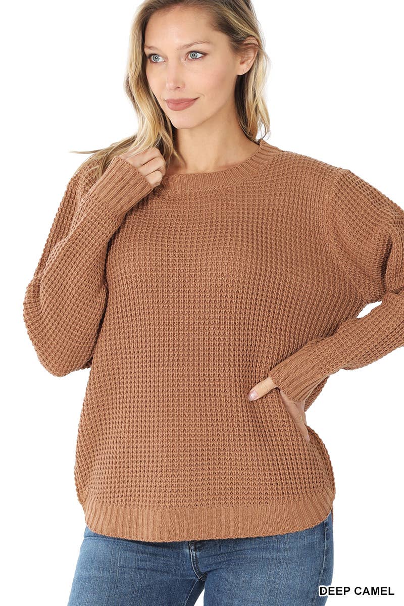 Hi-low Long Sleeve Round Neck Waffle Sweater: BRIGHT MAUVE / 1-1-1-1 (S-M-L-XL)
