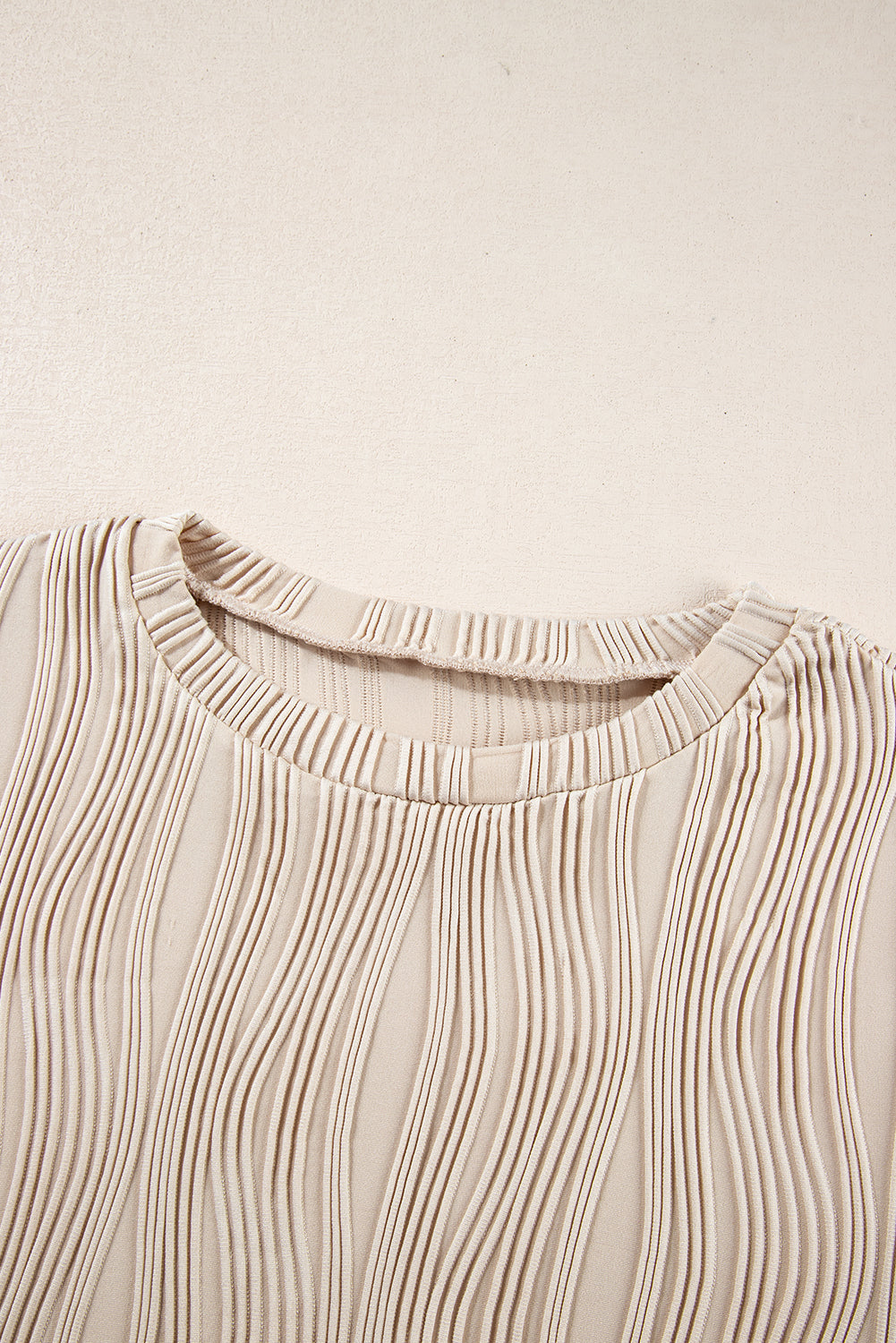 Apricot Textured Wavy Round Neck Long Sleeve Top