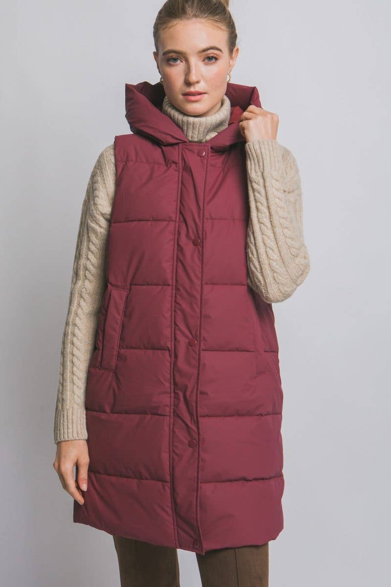 Hooded Long Quilted Puffer Vest: CAMEL / 2-2-2(S-M-L)